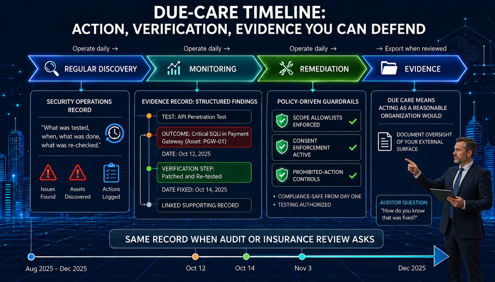 Due-care timeline: daily discovery, monitoring, and remediation on the public surface; a structured evidence record per finding with verification dates; policy guardrails for authorized scope; and the same dated timeline used when audit or insurance review asks how an issue was fixed.