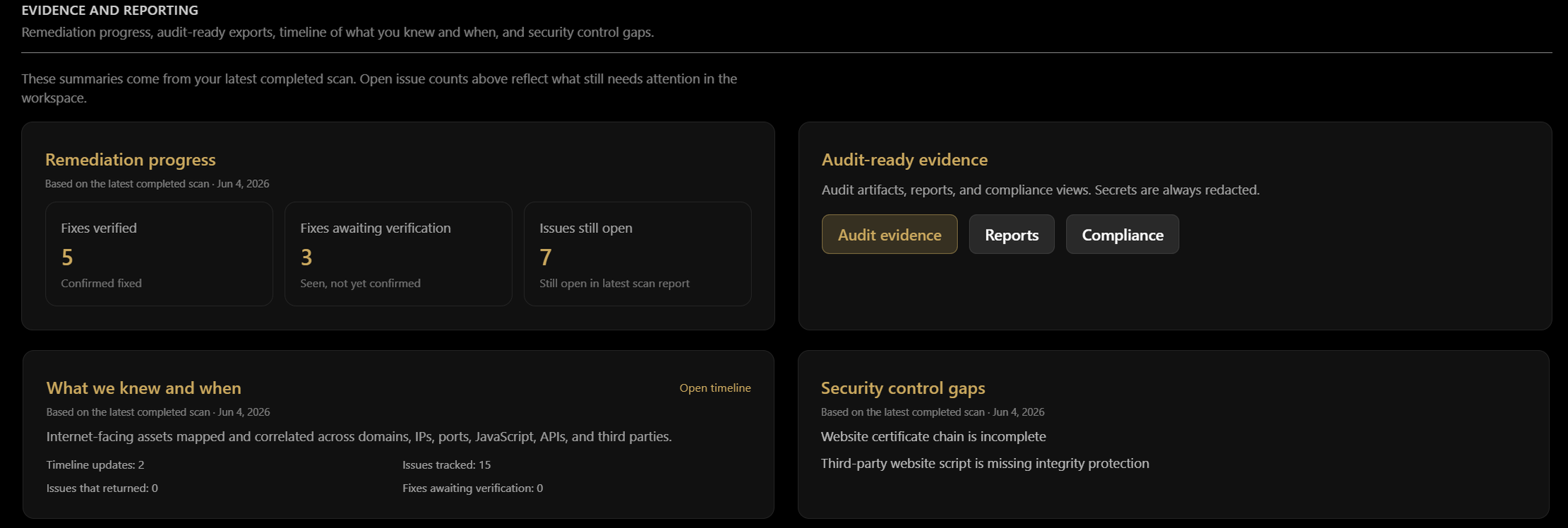 Fusionstek workspace showing remediation progress, audit-ready evidence, timeline of what you knew and when, and security control gaps